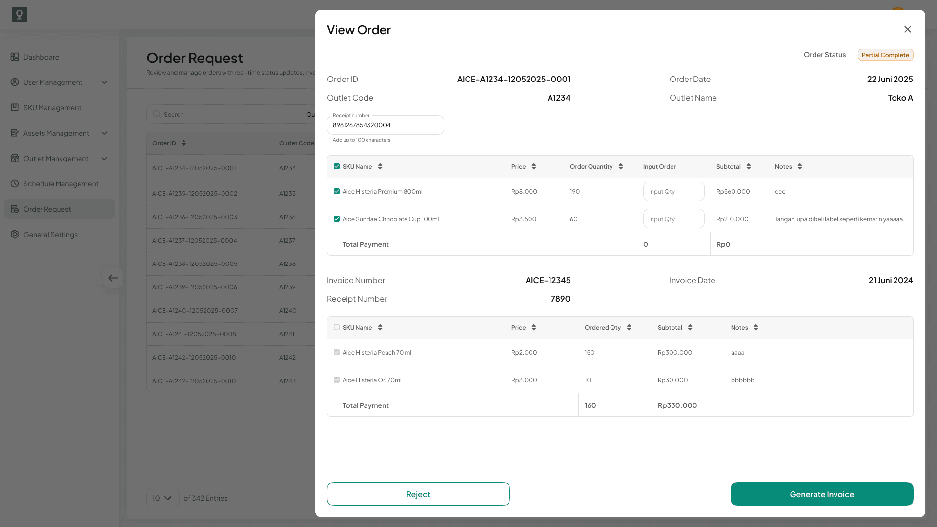 Order Management web interface from LOKASI Targetin