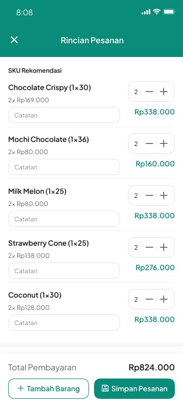 Order Recommendation mobile interface from LOKASI Targetin