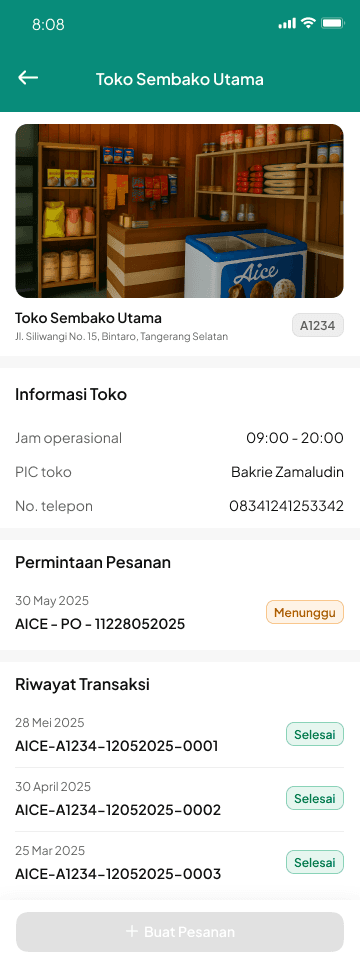 Store & Order History mobile interface from LOKASI Targetin