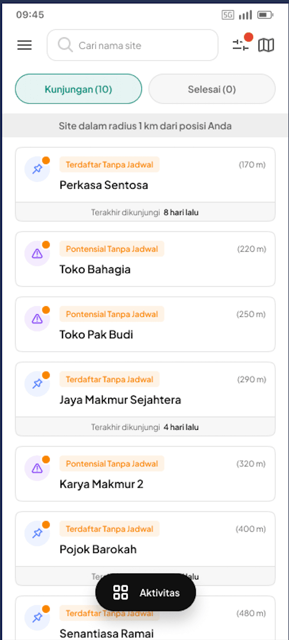 Nearby Site Prioritisation mobile interface from LOKASI Targetin