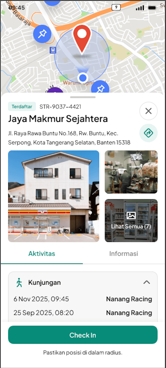 Site Detail & Check-in mobile interface from LOKASI Targetin