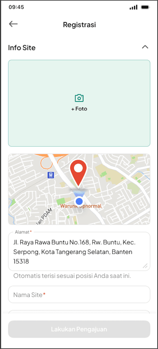 Potential Site Registration mobile interface from LOKASI Targetin