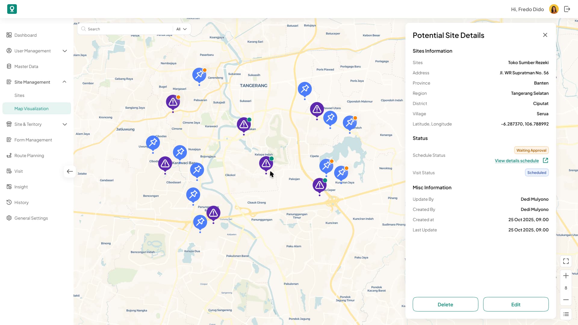 Potential Site Intelligence web interface from LOKASI Targetin